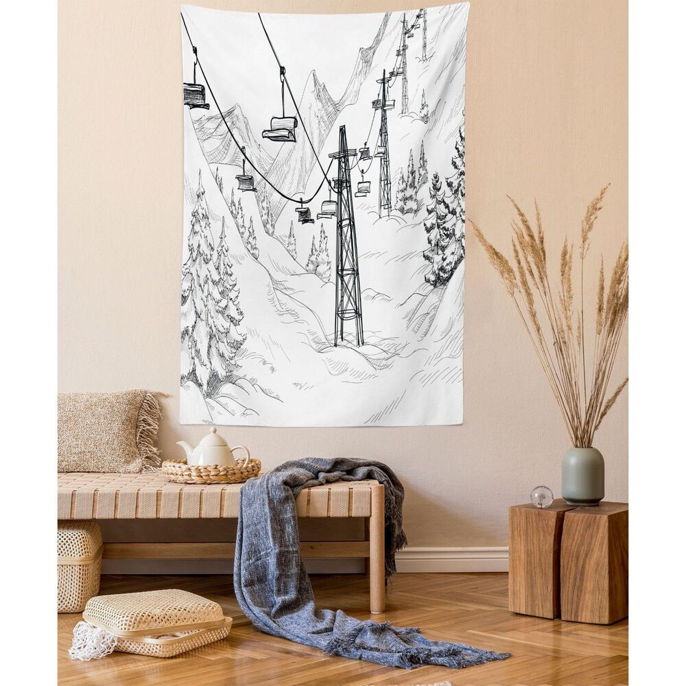 Winter Tapestry Wall Hanging with Ski Lift and Fir Trees (Black & White)